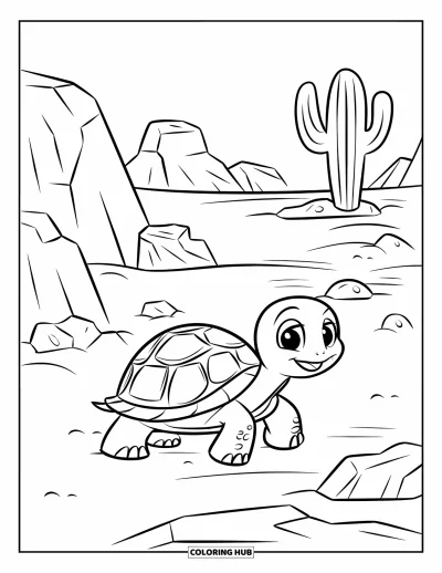 Coloriage de désert pour enfants : Une petite tortue explore le sol sableux du désert avec des rochers et un cactus tout près