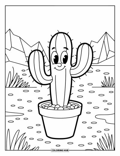 Coloriage de désert pour enfants : Un cactus souriant dans un pot trône dans un désert paisible parsemé de petits cailloux