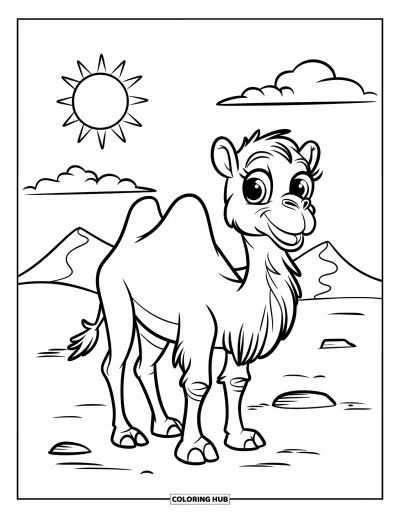 Coloriage de désert pour enfants : Un chameau souriant aux grands yeux se tient près de rochers et de douces dunes