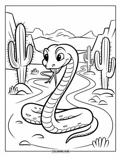Coloriage de désert pour enfants : Un serpent glisse sur des sentiers rocheux du désert entourés de grands cactus et de collines