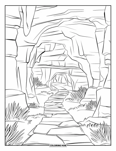 Coloriage de désert pour enfants : Un chemin de pierres mène à une grotte parmi des roches en couches et des plantes du désert
