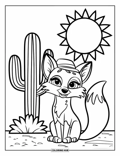 Coloriage de désert pour enfants : Un adorable renard coiffé d'un chapeau est assis près d'un cactus sous un grand soleil