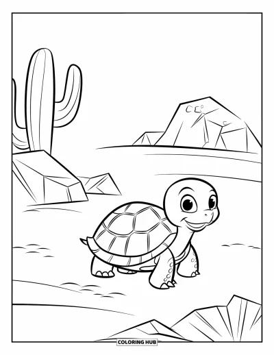 Coloriage de désert pour enfants : Une petite tortue se promène près de rochers imposants et d'un seul cactus
