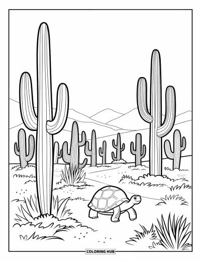 Coloriage de désert pour enfants : Une tortue se promène dans une forêt de grands cactus saguaros