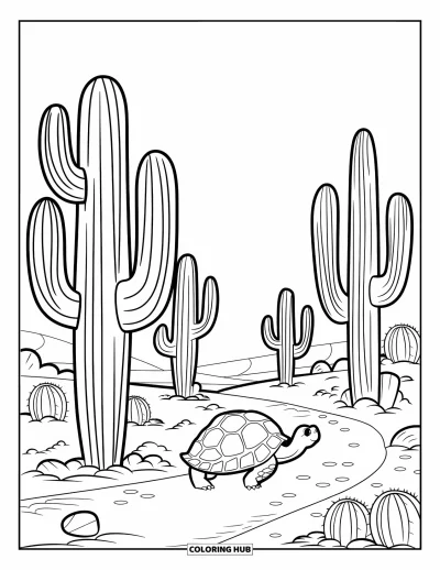Coloriage de désert pour enfants : Une tortue longe un chemin rocailleux au milieu de grands cactus du désert