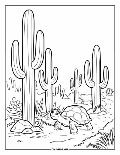 Coloriage de désert pour enfants : Une tortue serpente parmi une forêt de grands saguaros aux multiples bras