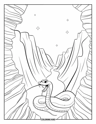 Coloriage de désert pour enfants : Un large panorama de canyon avec un serpent se reposant sur des rebords rocheux