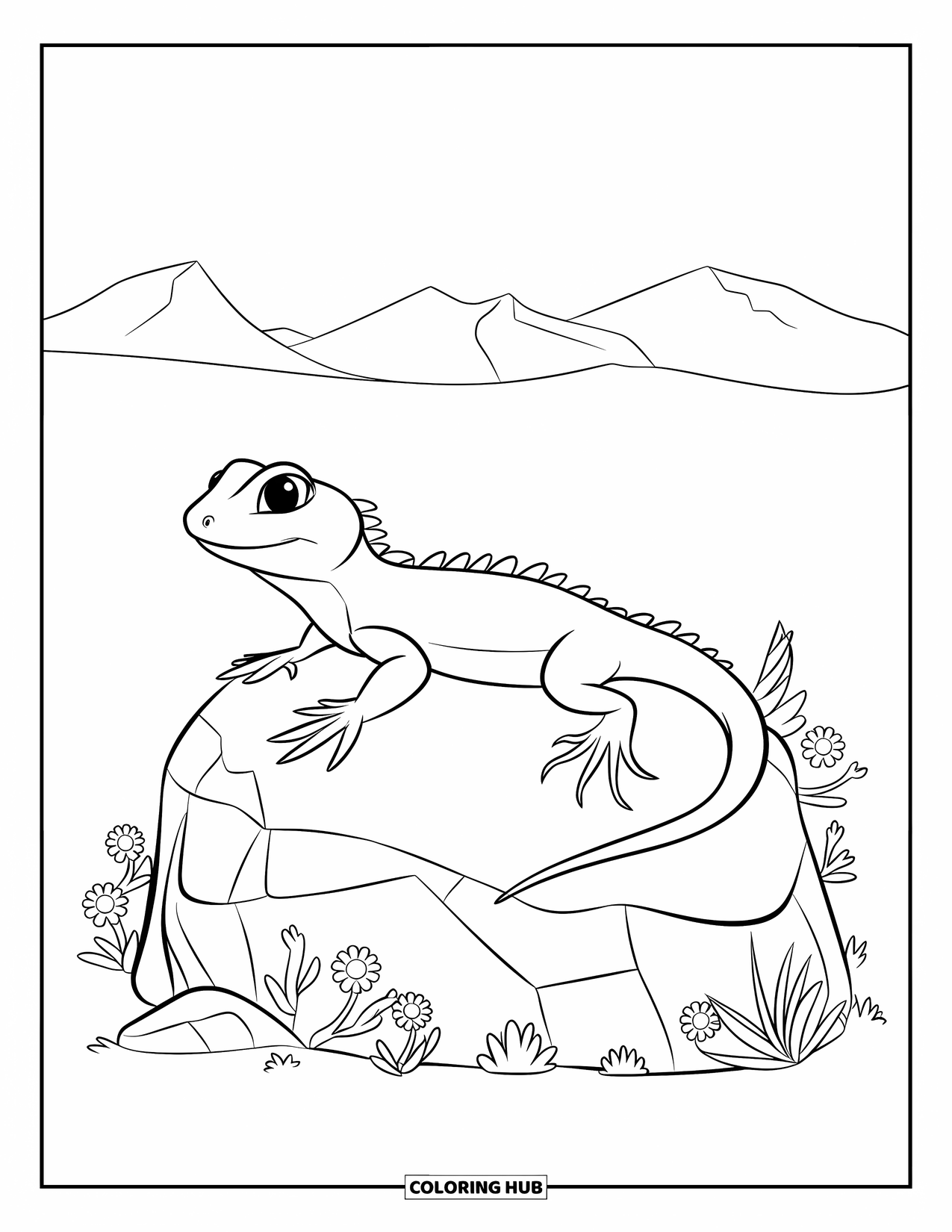 Desert Coloring Page for Kids: A wide lizard lounges on a rock with tiny plants all around