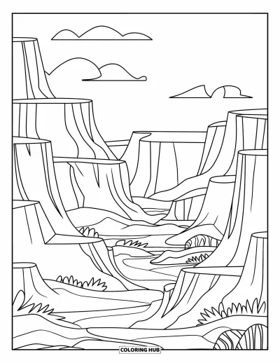 Coloriage de désert pour enfants : Un sentier sinueux traverse des falaises et des dunes vers une minuscule oasis du désert