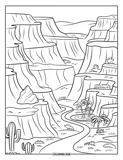 Coloriage de désert pour enfants : Des cactus et des rochers encadrent un sentier menant à une oasis paisible du désert