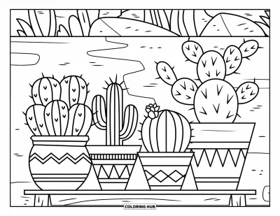 Coloriage de désert pour enfants : Des cactus dans des pots décorés reposent sur une plateforme en bois dans le désert