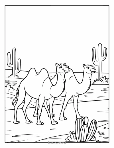 Coloriage de désert pour enfants : Des chameaux se promènent dans un vaste désert entouré de cactus