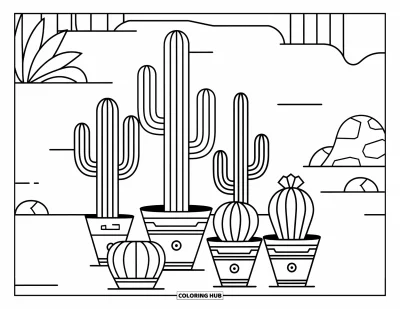 Coloriage de désert pour enfants : Des cactus désertiques dans de jolis pots ornent une scène rocailleuse et tranquille