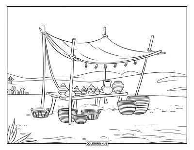 Coloriage de désert pour enfants : Des pots et des paniers garnissent un étal en bois sous un auvent ensoleillé du désert