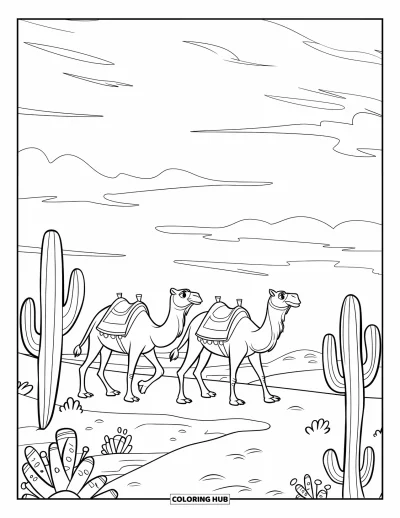 Coloriage de désert pour enfants : Deux chameaux portant des charges avancent sur un sentier désertique parsemé de cactus