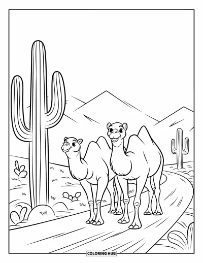 Coloriage de désert pour enfants : Deux chameaux longent un sentier bordé de cactus dans une vallée désertique