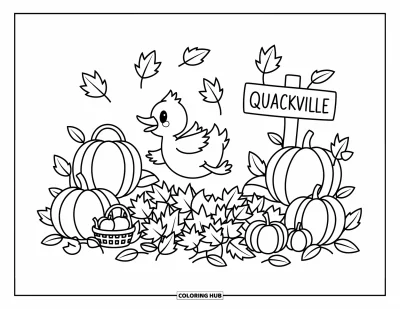 Coloriage de canards pour adultes : Un canard joyeux bondit dans des feuilles d'automne tourbillonnantes, entouré de citrouilles et de pommes