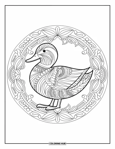 Coloriage de canards pour adultes : Un motif circulaire de canard se trouve parmi des plumes, des fleurs et des bordures décoratives