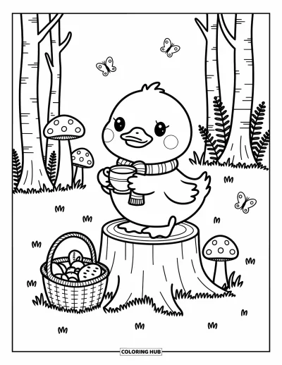 Coloriage de canards pour adultes : Un canard bien installé est assis sur une souche avec du thé, entouré de champignons, de fougères et de papillons
