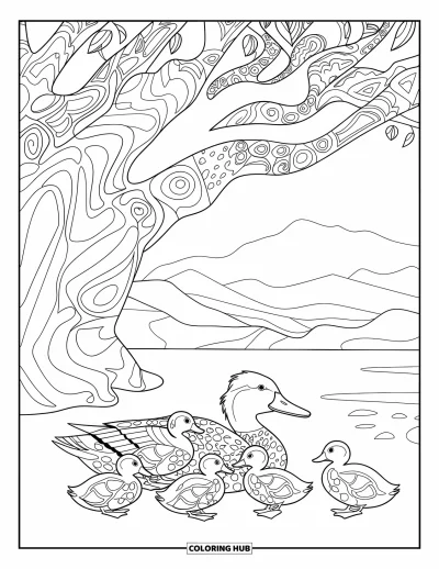 Coloriage de canards pour adultes : Une cane et ses canetons se reposent sous un arbre avec des montagnes et un lac calme