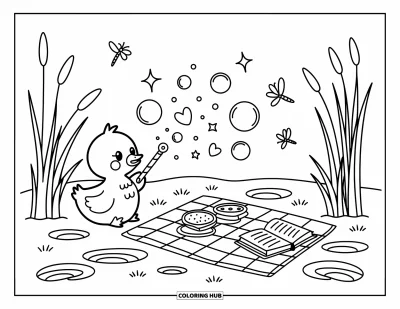 Coloriage de canards pour adultes : Un canard près de l'eau souffle des bulles magiques près d'un pique-nique confortable et de libellules
