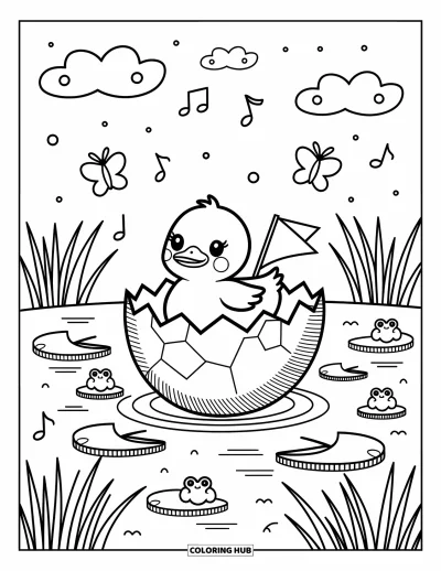 Coloriage de canards pour adultes : Un canard dérive dans un bateau en coquille d'œuf fissurée tandis que des grenouilles pointent le nez et que des papillons volent au-dessus