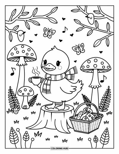 Coloriage de canards pour adultes : Un canard avec une écharpe savoure un thé sur une souche pendant que des papillons virevoltent dans la forêt