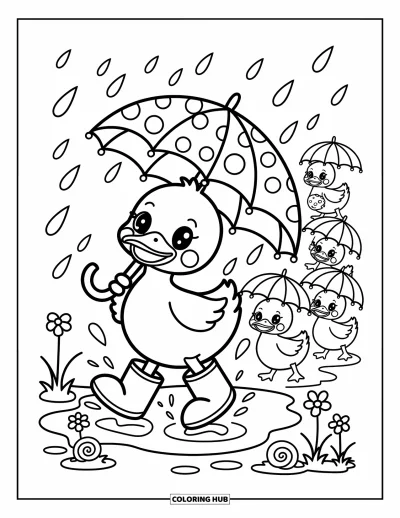 Coloriage de canards pour adultes : Un canard saute dans les flaques avec un parapluie pendant que des escargots et des canetons se promènent à côté