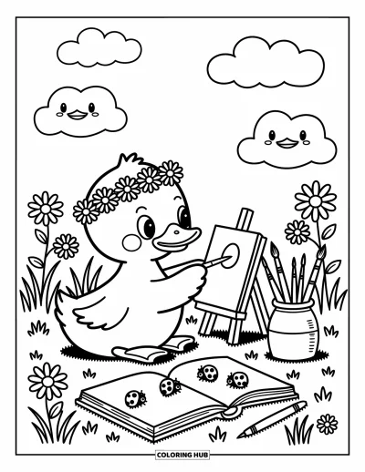 Coloriage de canards pour adultes : Un canard peint une toile dans un champ pendant que des coccinelles explorent et que des nuages en forme de canard flottent au-dessus