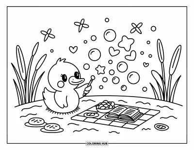 Coloriage de canards pour adultes : Un canard se détend près d'un étang en soufflant de jolies bulles pendant que des libellules et des roseaux ondulent doucement