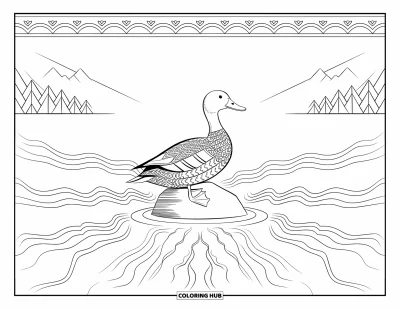 Coloriage de canards pour adultes : Un canard se repose sur un rocher avec des motifs d'eau et une vue sur la montagne derrière lui