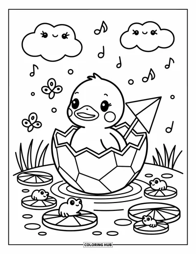 Coloriage de canards pour adultes : Un canard navigue dans un bateau en coquille d'œuf sur un étang paisible avec des grenouilles et des papillons à proximité