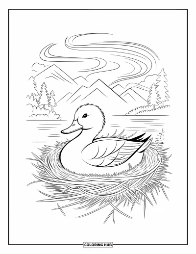 Coloriage de canards pour adultes : Un canard est assis dans un nid pendant que des motifs de vent tourbillonnants l'entourent