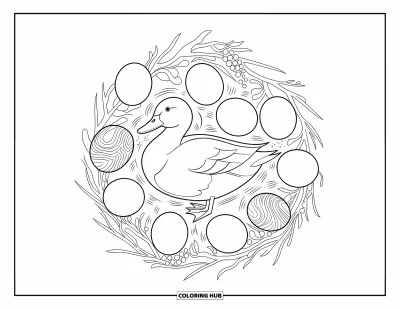 Coloriage de canards pour adultes : Un canard est assis au centre d'un cercle, entouré d'œufs, de brindilles et de motifs doux