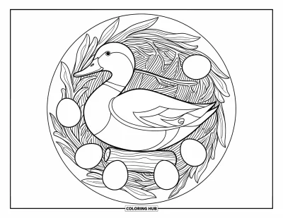Coloriage de canards pour adultes : Un canard est assis sur une bûche, entouré d'œufs et de brindilles dans une scène circulaire apaisante