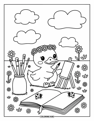 Coloriage de canards pour adultes : Un canard avec une couronne de fleurs peint dans un champ rempli de marguerites et de coccinelles