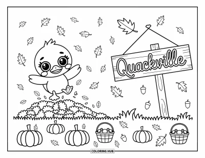 Coloriage de canards pour adultes : Un canard heureux saute dans un grand tas de feuilles d'automne à Quackville