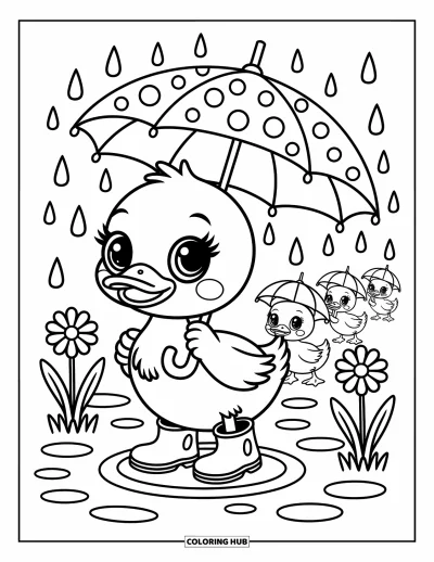 Coloriage de canards pour adultes : Un canard heureux joue dans les flaques avec des canetons et des fleurs en pleine floraison dans la boue de pluie