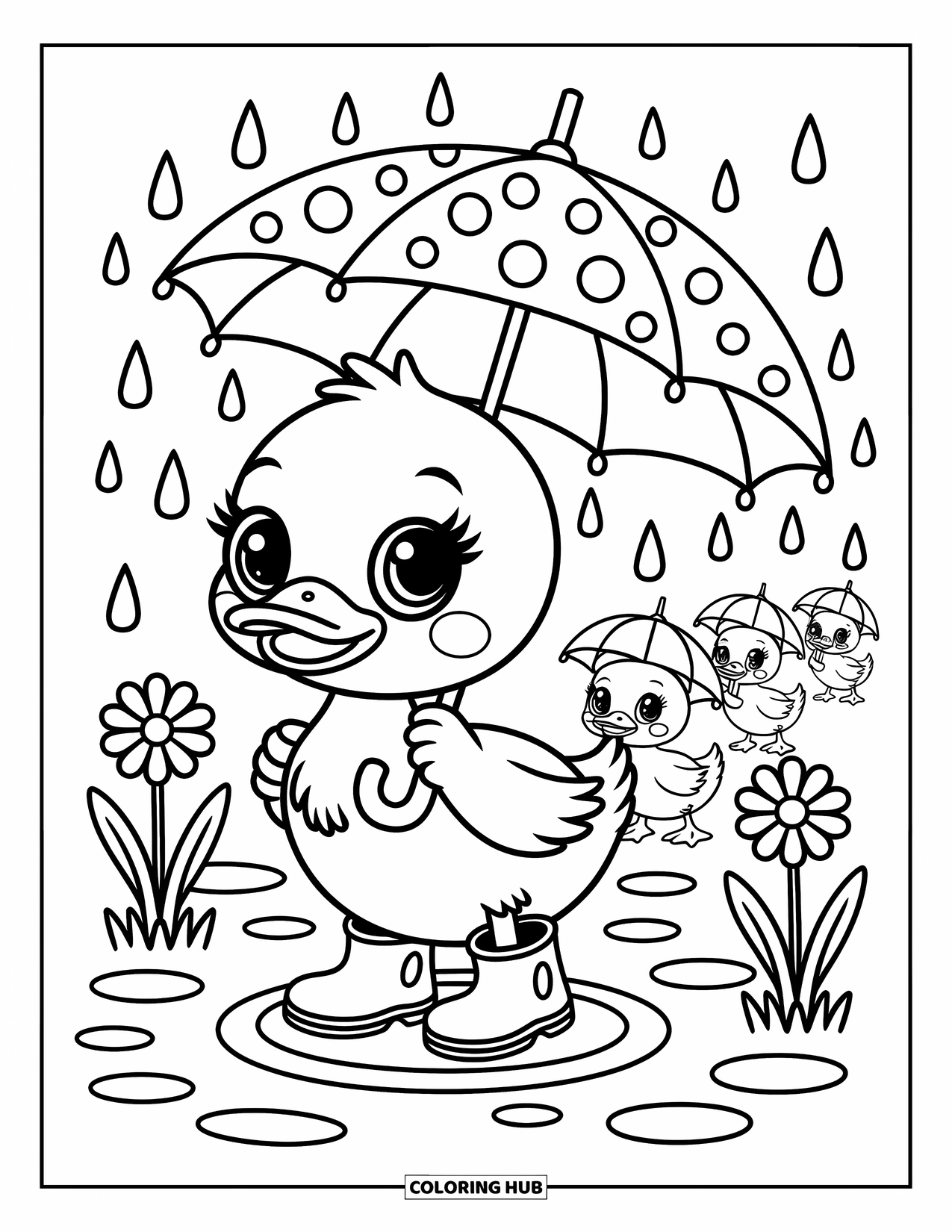 Enten Ausmalbild für Erwachsene: Eine glückliche Ente spielt in Pfützen mit Entchen und Blumen, die im regnerischen Schlamm blühen