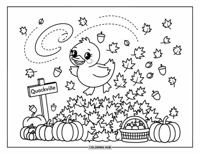 Coloriage de canards pour adultes : Un canard joyeux plonge dans des feuilles tandis que de petites citrouilles et des paniers de pommes décorent la scène