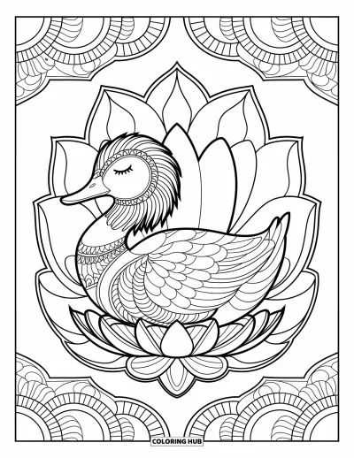 Coloriage de canards pour adultes : Un canard de style mandala se repose sur un lotus, entouré de plumes et de détails floraux