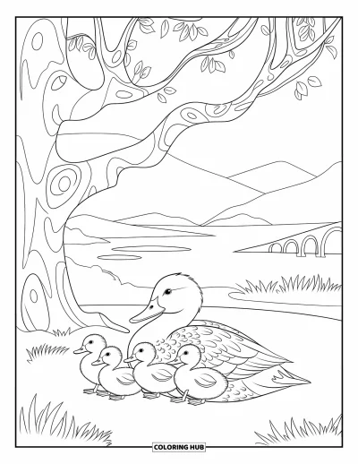 Coloriage de canards pour adultes : Une cane se repose sous un grand arbre pendant que ses canetons se rassemblent autour d'elle