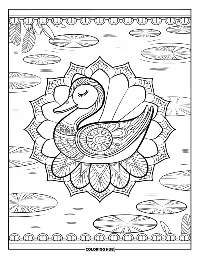 Coloriage de canards pour adultes : Un canard paisible est assis sur un nénuphar dans un motif de plumes et de fleurs