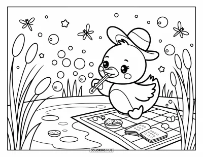 Coloriage de canards pour adultes : Un canard joueur souffle des bulles en forme de cœur près d'un étang, avec des gourmandises et des livres à côté