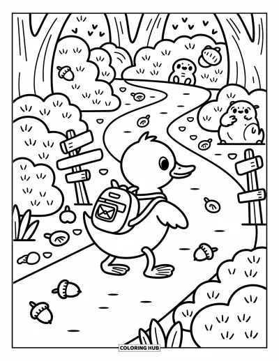 Coloriage de canards pour adultes : Un petit canard marche dans la forêt en tenant une carte, entouré de petites bêtes et de feuilles tombées