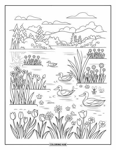 Coloriage de canards pour adultes : Des canards glissent sur un lac printanier en fleurs, avec des tulipes, des jonquilles et de doux reflets