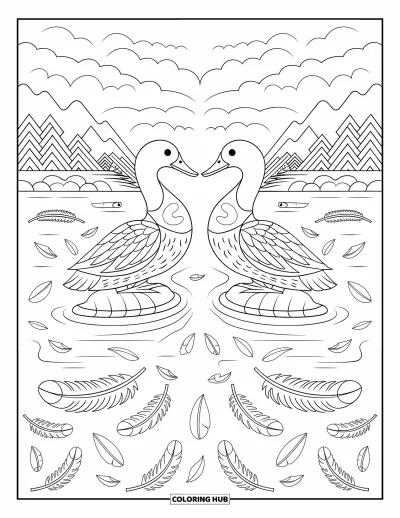 Coloriage de canards pour adultes : Deux canards sont perchés sur un rocher dans un étang rempli de feuilles et de plumes