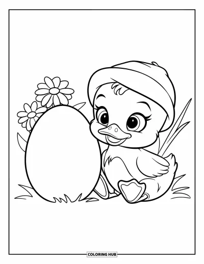 Coloriage de canards pour enfants : Un petit caneton est assis à côté d'un gros œuf sur une herbe douce
