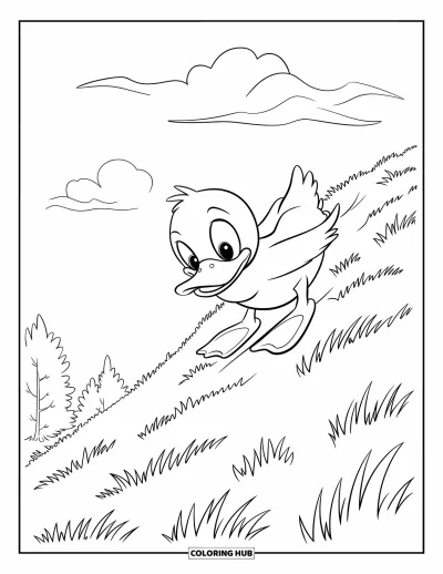 Coloriage de canards pour enfants : Un canard joyeux dévale la pente avec des arbres et des nuages au loin
