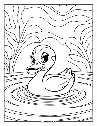 Coloriage de canards pour enfants : Un canard souriant se tient dans une eau ondulante, entouré de plantes en couches